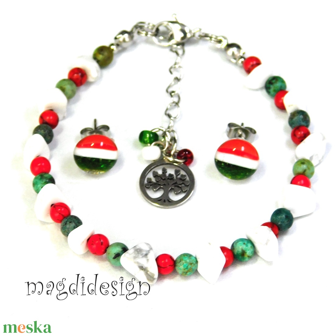 Nemzeti színű ásvány, üveg ékszerszett, karkötő, fülbevaló--Kokárda NEMESACÉL!  - ékszer - ékszerszett - Meska.hu