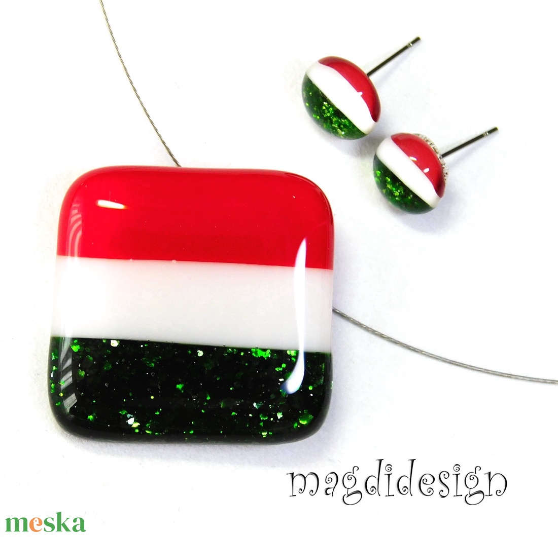 Nemzeti színű üvegékszer szett nyaklánc stiftes fülbevaló-- Kokárda - ékszer - ékszerszett - Meska.hu