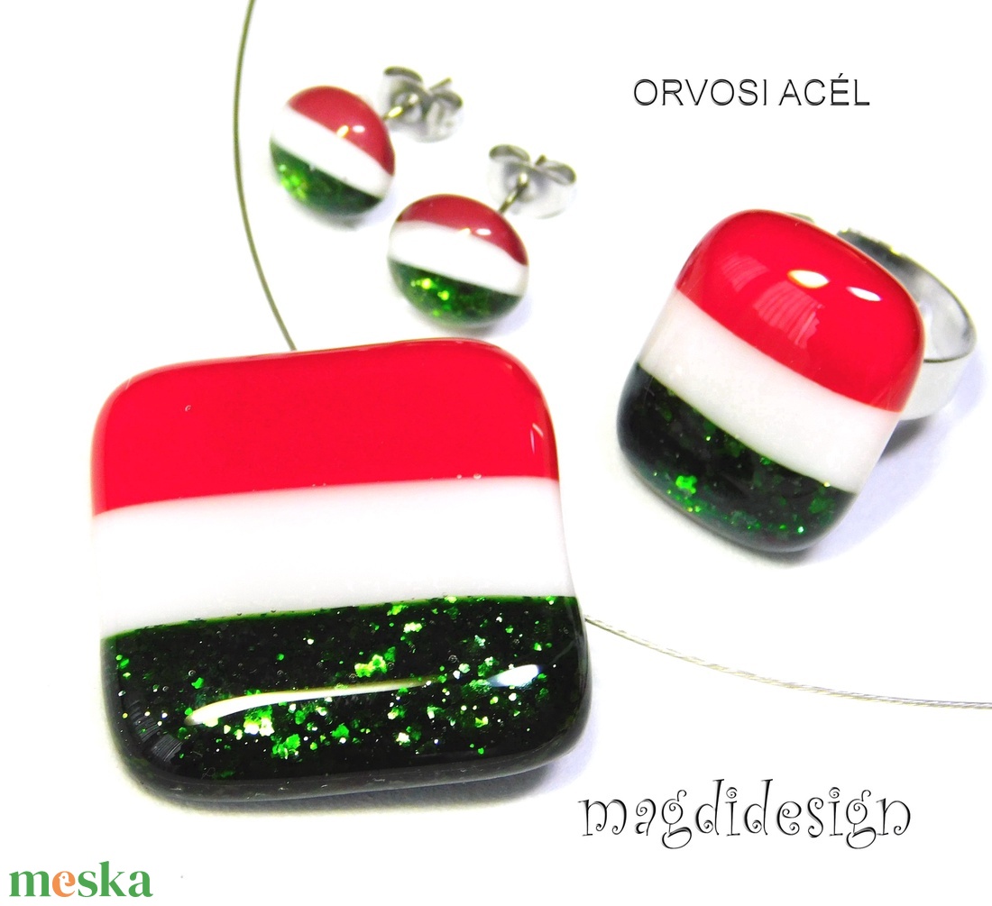 Nemzeti színű üvegékszer szett nyaklánc, gyűrű,  stiftes fülbevaló-- Kokárda - ékszer - ékszerszett - Meska.hu