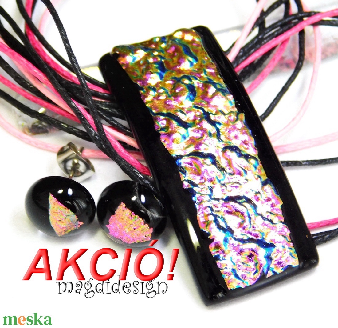 Fekete-rózsa dichrroic üvegékszer szett nyaklánc pötty fülbevaló - ékszer - ékszerszett - Meska.hu