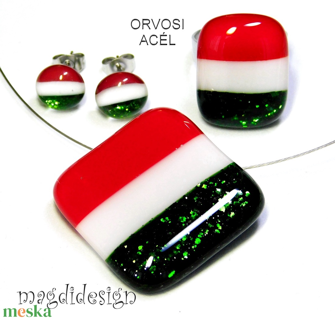 Nemzeti színű -- Piros, fehér, zöld üvegékszer pötty fülbevaló - ékszer - fülbevaló - pötty fülbevaló - Meska.hu