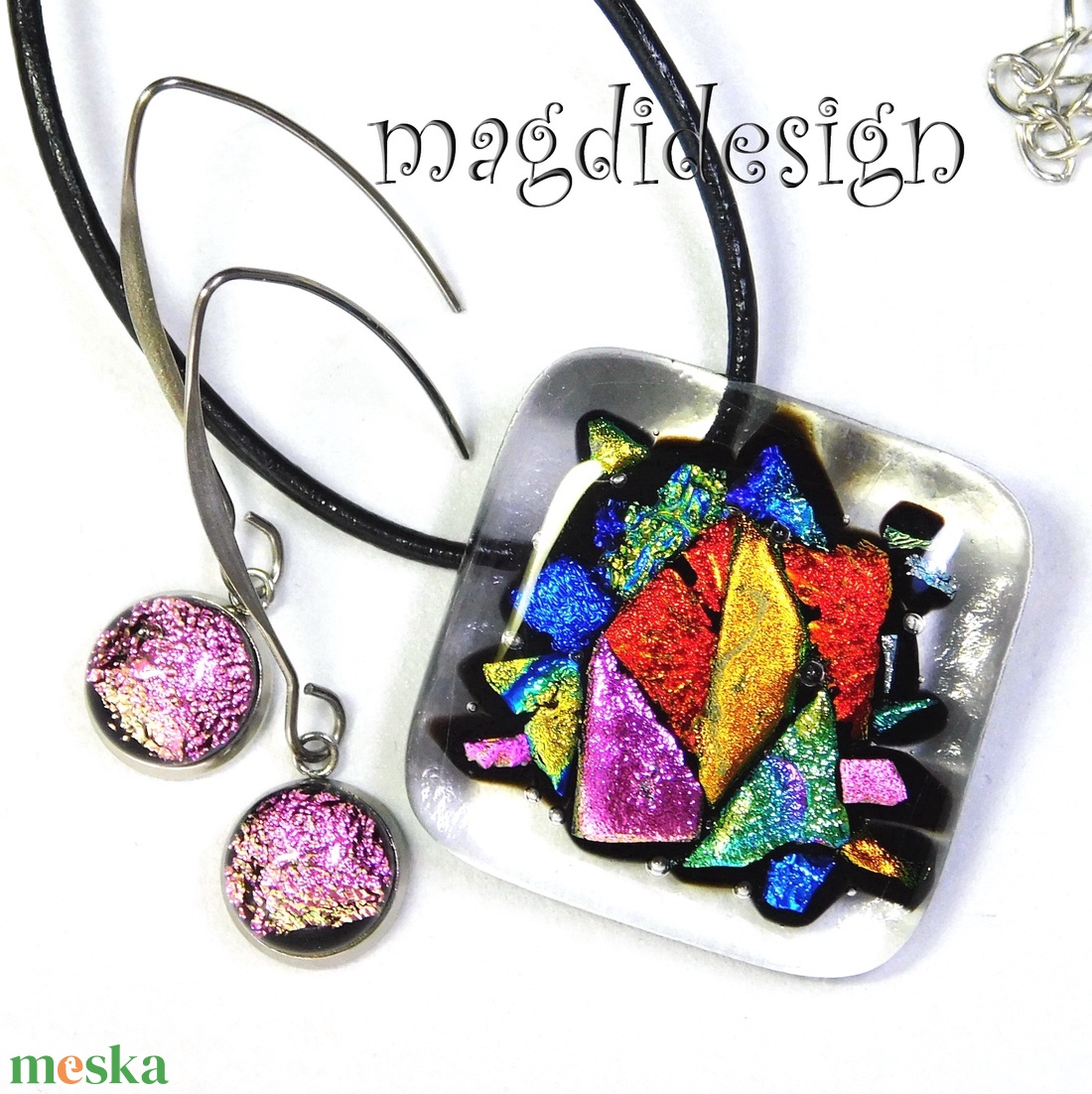 Üvegbe zárt csillogás dichroic üvegékszer szett nyaklánc, lógós fülbevaló - ékszer - ékszerszett - Meska.hu