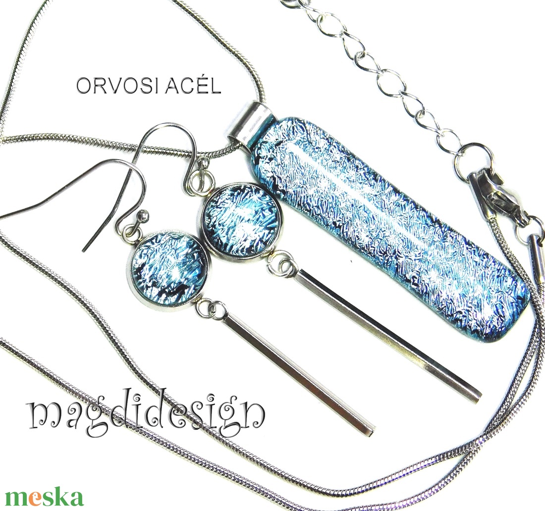 Ezüst szikrázás üvegékszer szett nyaklánc lógós fülbevaló 2 - ékszer - ékszerszett - Meska.hu