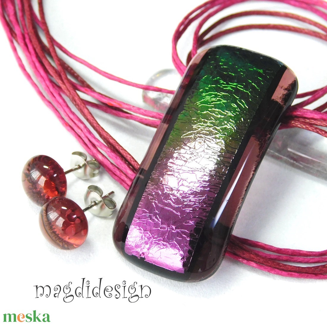 Exkluzív bíbor-zöld üvegékszer szett nyaklánc stiftes fülbevaló - ékszer - ékszerszett - Meska.hu
