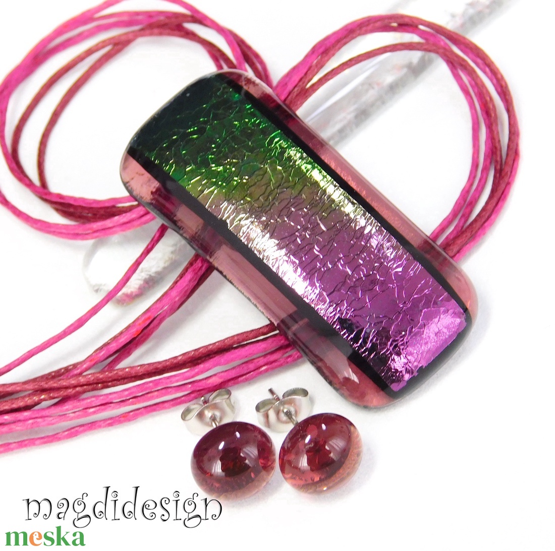 Exkluzív bíbor-zöld üvegékszer szett nyaklánc stiftes fülbevaló - ékszer - ékszerszett - Meska.hu