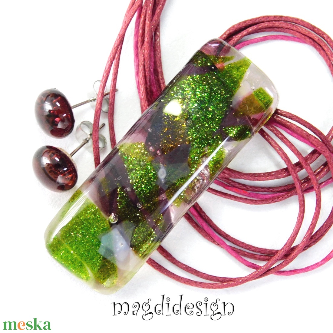 Exkluzív bíbor-zöld üvegékszer szett nyaklánc stiftes fülbevaló - ékszer - ékszerszett - Meska.hu