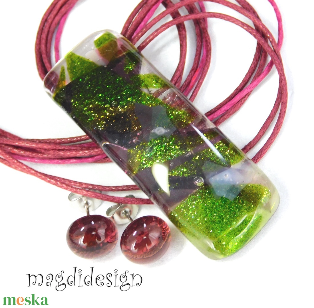 Csillámos bíbor-zöld üvegékszer szett nyaklánc stiftes fülbevaló - ékszer - ékszerszett - Meska.hu