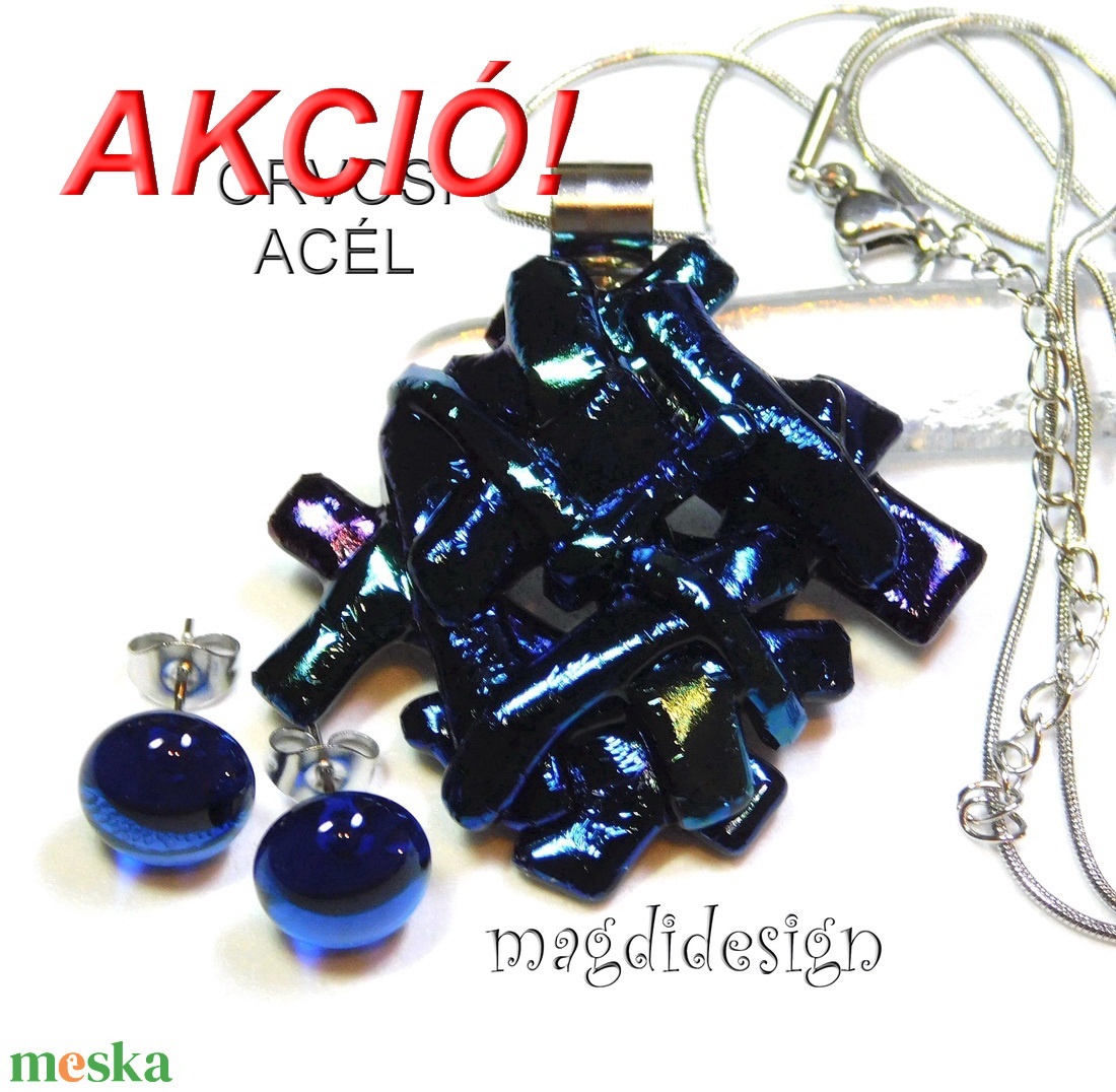 Türkizes kék  borzaska eozin üvegékszer szett, nyaklánc, pötty fülbevaló - ékszer - ékszerszett - Meska.hu