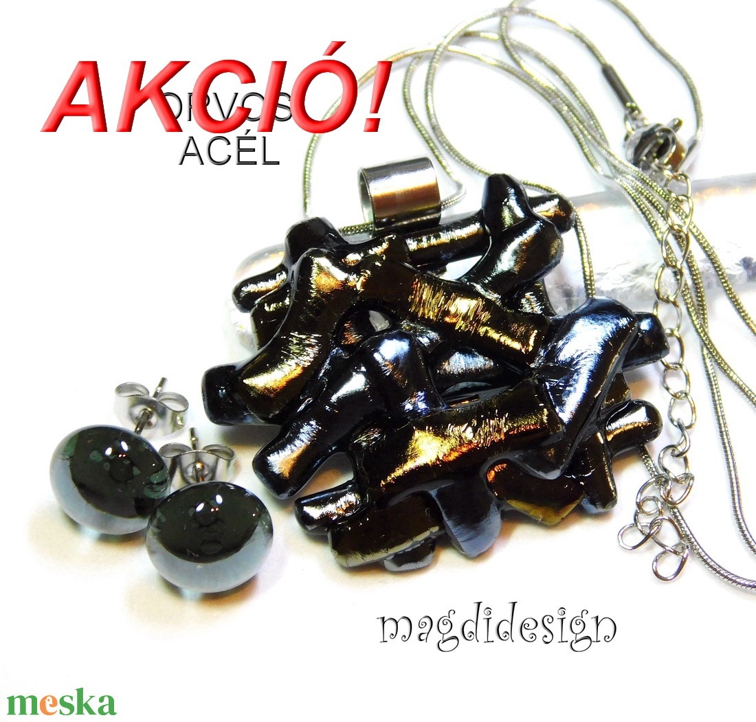 Ezüst-arany  borzaska eozin üvegékszer szett, nyaklánc, pötty fülbevaló - ékszer - ékszerszett - Meska.hu