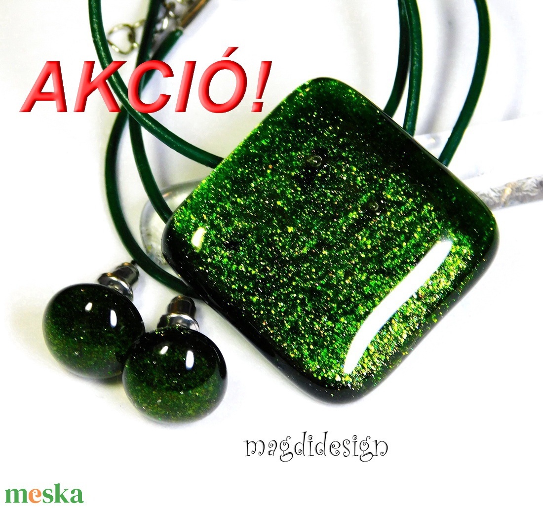 Csillámporos mohazöld üvegékszer szett, nyaklánc, fülbevaló - ékszer - ékszerszett - Meska.hu