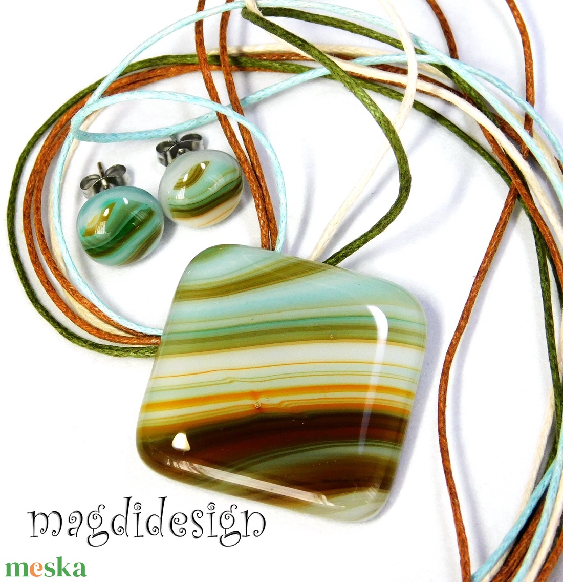 Türkiz barna beige csíkos üvegékszer szett nyaklánc stiftes fülbevaló - ékszer - ékszerszett - Meska.hu