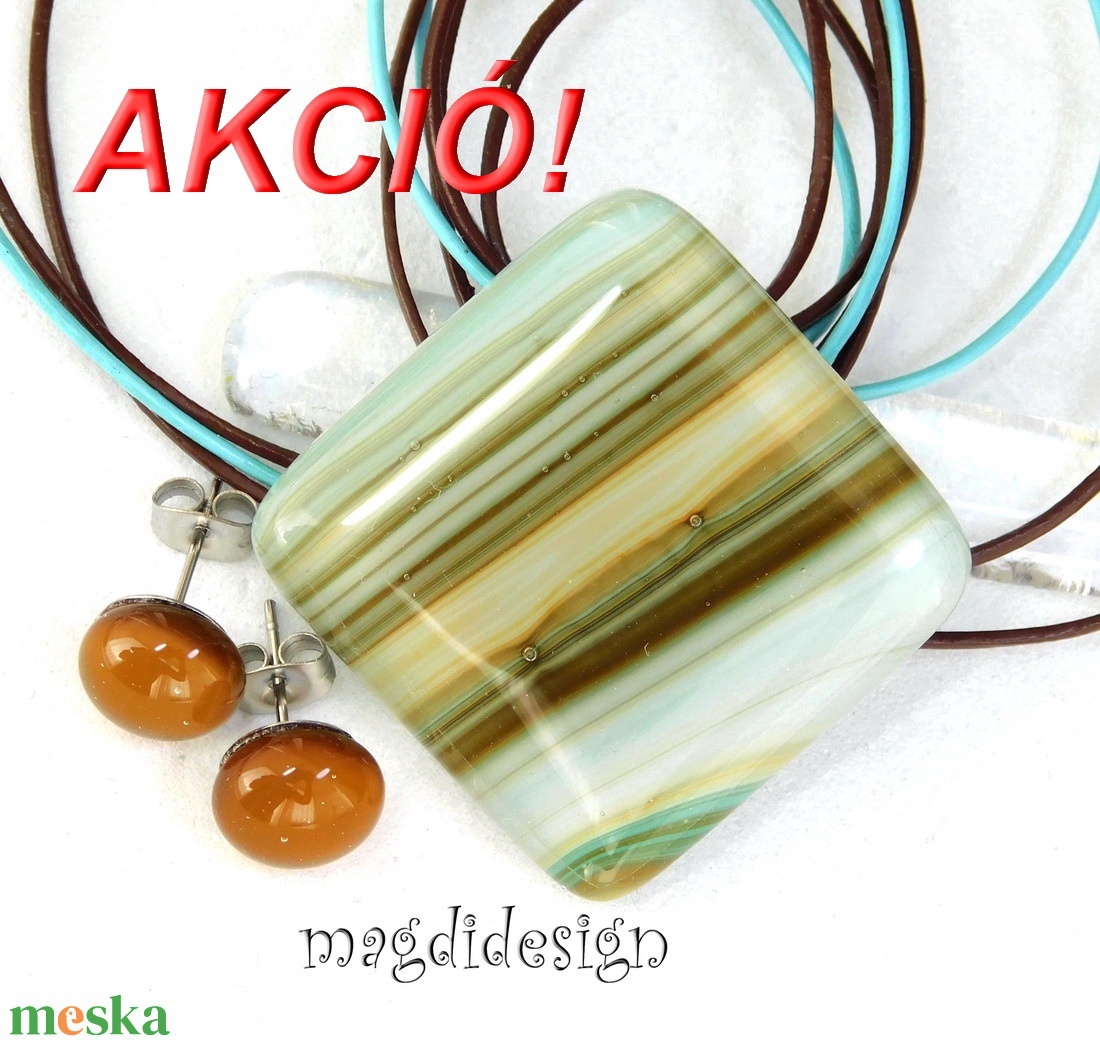 NEMESACÉL! Bronzos csíkos elegancia, üvegékszer szett nyaklánc pötty fülbevaló 1 - ékszer - ékszerszett - Meska.hu
