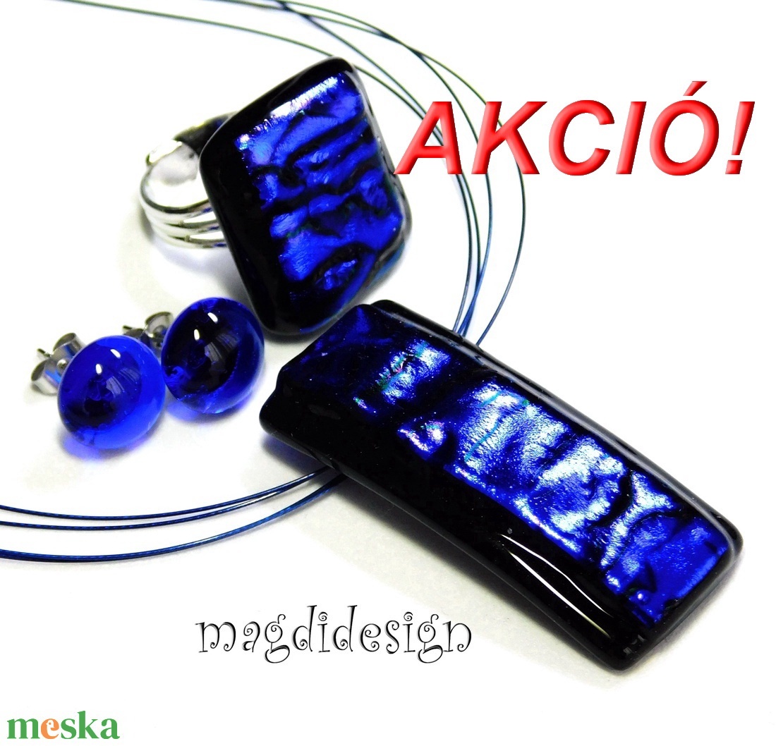 Fekete kék  üvegékszer szett, nyaklánc, gyűrű, stiftes fülbevaló - ékszer - ékszerszett - Meska.hu