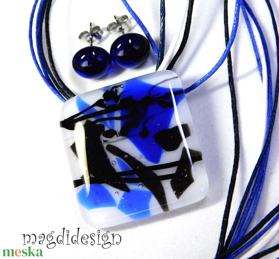 AKCIÓS! Fekete-kék harmónia üvegékszer szett nyaklánc, stiftes fülbevaló  - ékszer - ékszerszett - Meska.hu