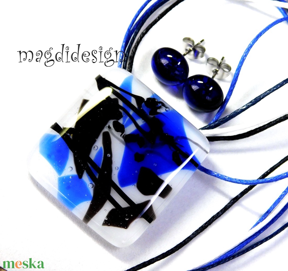 AKCIÓS! Fekete-kék harmónia üvegékszer szett nyaklánc, stiftes fülbevaló  - ékszer - ékszerszett - Meska.hu