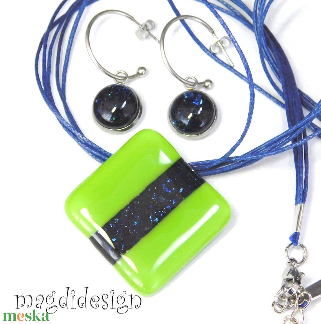 Zöld-kék aventurin csíkos üvegékszer szett nyaklánc lógós fülbevaló - ékszer - ékszerszett - Meska.hu