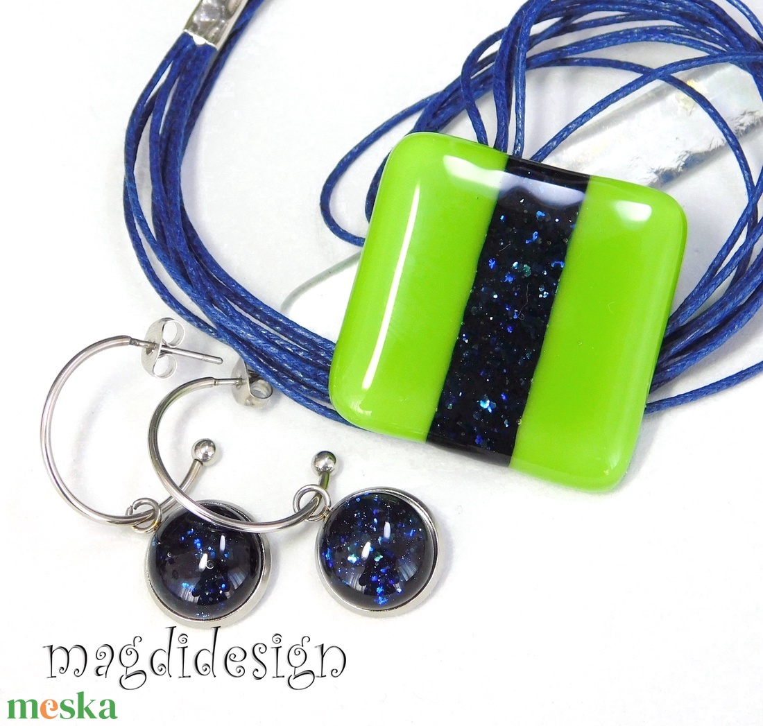 Zöld-kék aventurin csíkos üvegékszer szett nyaklánc lógós fülbevaló - ékszer - ékszerszett - Meska.hu