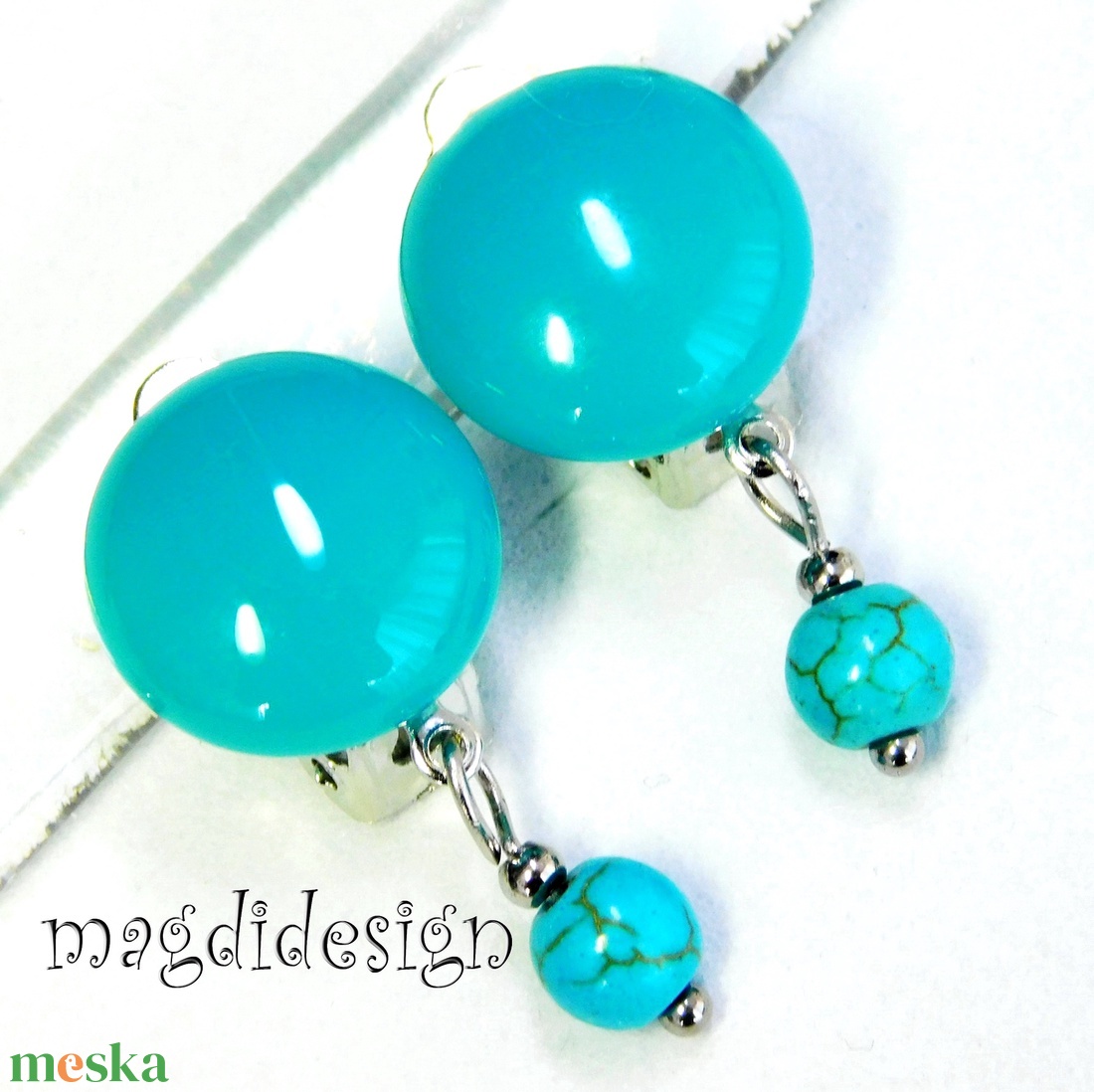 Türkiz ásványköves fülklipsz üvegékszer  - ékszer - fülbevaló - klipsz - Meska.hu