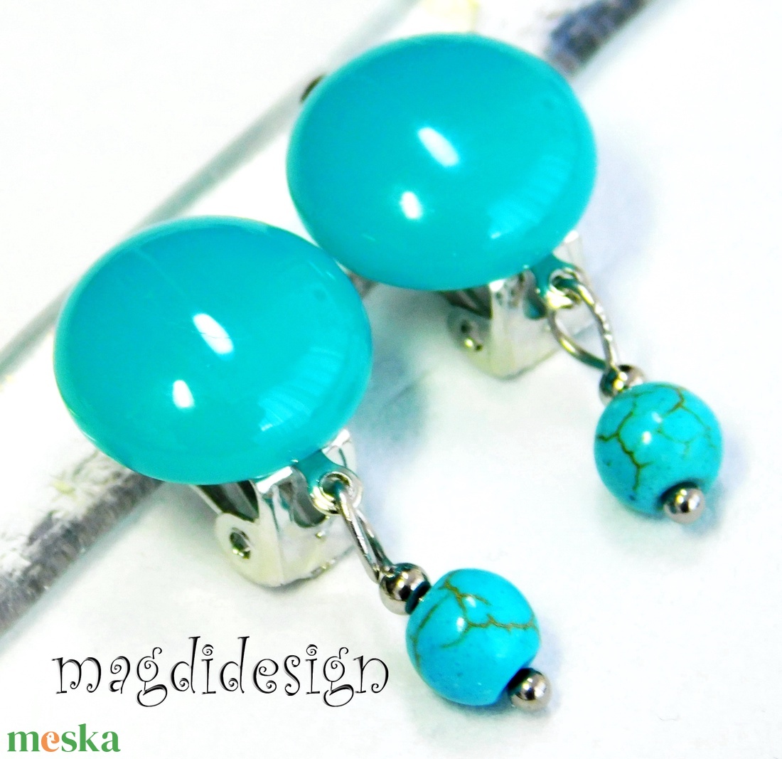 Türkiz ásványköves fülklipsz üvegékszer  - ékszer - fülbevaló - klipsz - Meska.hu