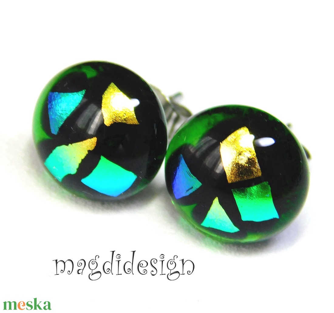 NEMESACÉL! Dichroic színkavalkád zöld üvegékszer pötty fülbevaló  1 - ékszer - fülbevaló - pötty fülbevaló - Meska.hu
