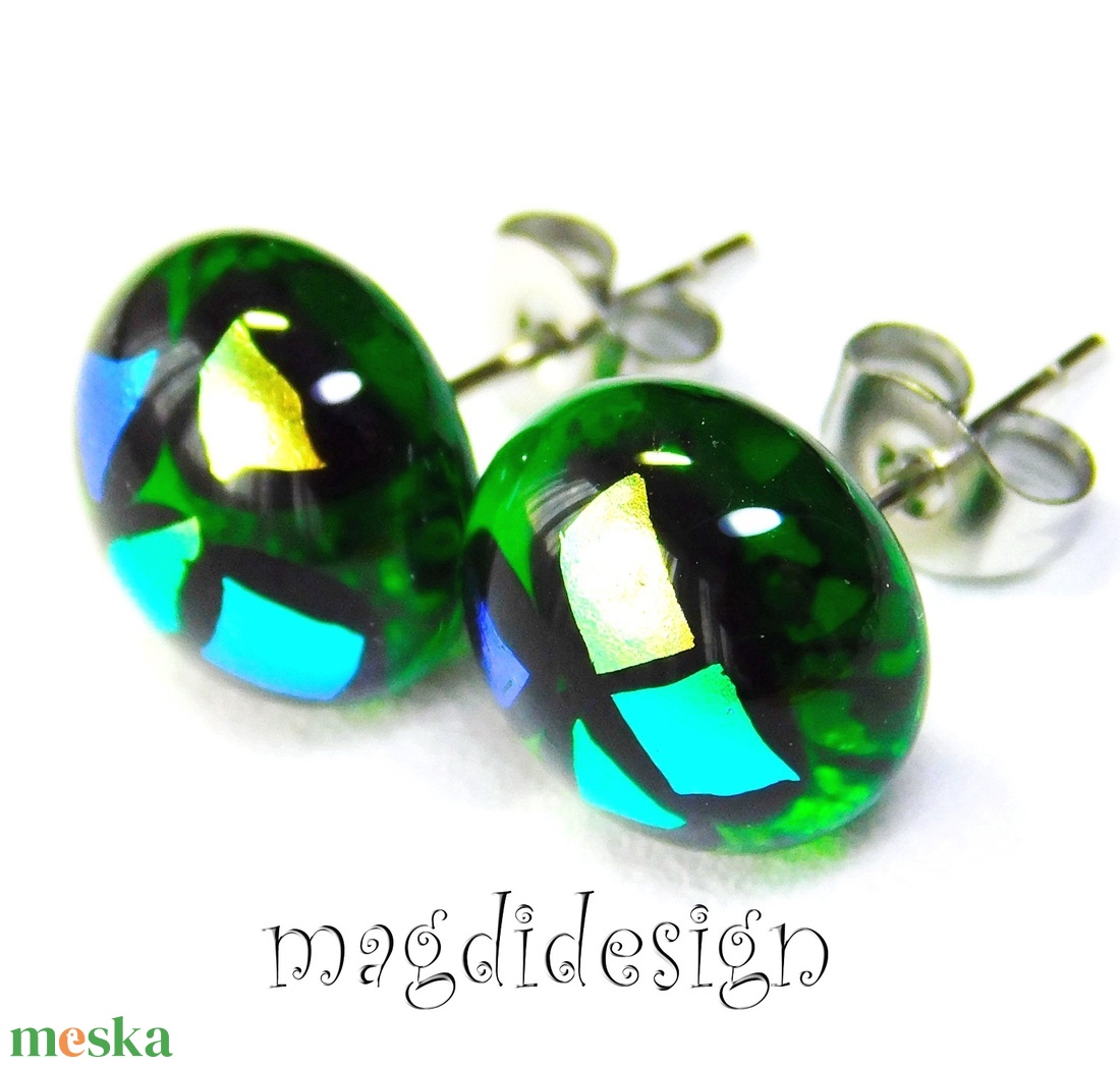 NEMESACÉL! Dichroic színkavalkád zöld üvegékszer pötty fülbevaló  1 - ékszer - fülbevaló - pötty fülbevaló - Meska.hu