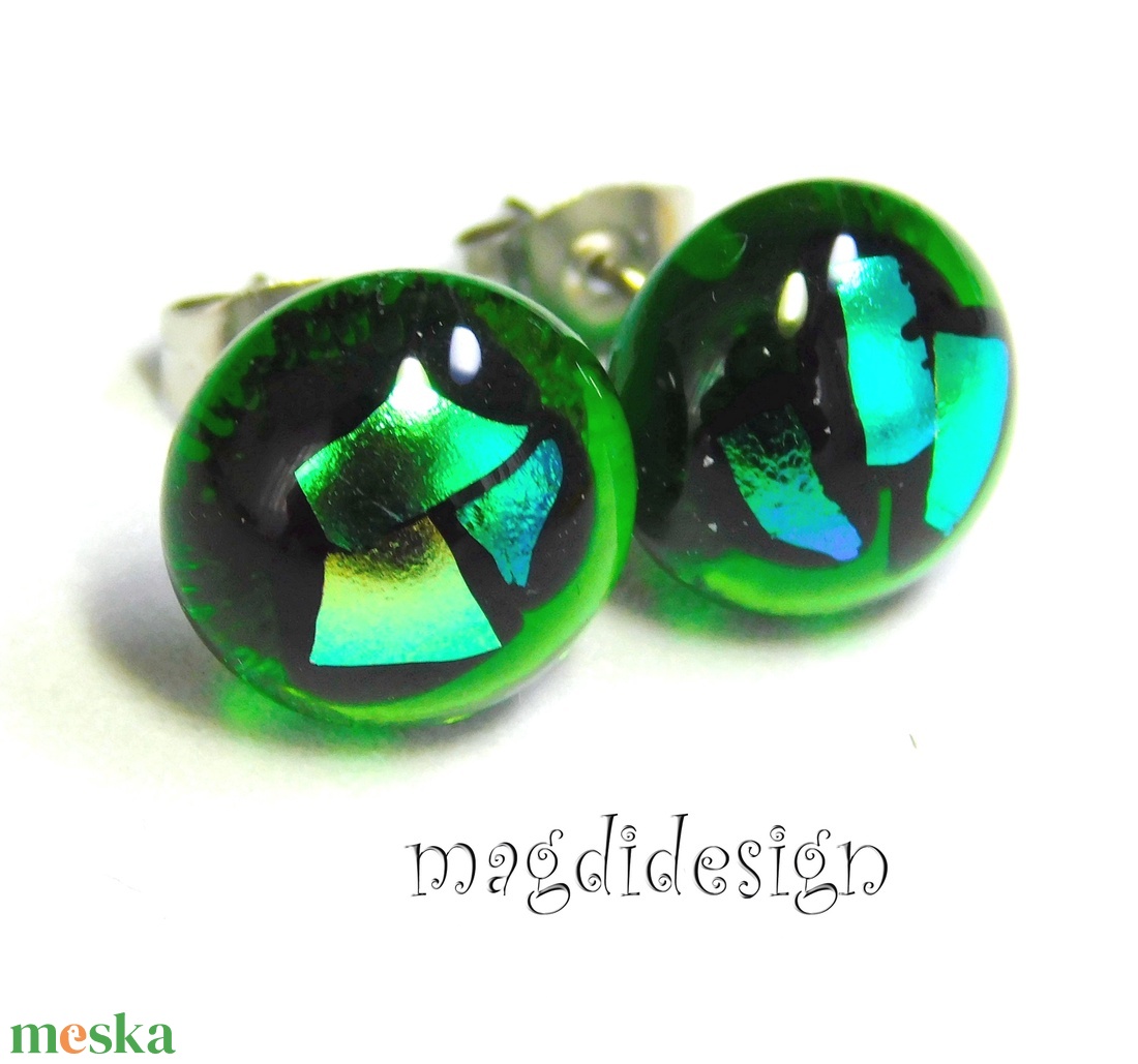 NEMESACÉL! Dichroic színkavalkád zöld üvegékszer pötty fülbevaló  2 - ékszer - fülbevaló - pötty fülbevaló - Meska.hu