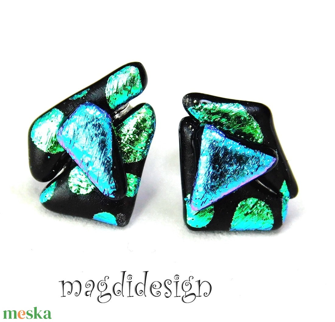 NEMESACÉL! Türkiz-kék  borzaska dichroic üvegékszer stiftes fülbevaló 1 - ékszer - fülbevaló - pötty fülbevaló - Meska.hu