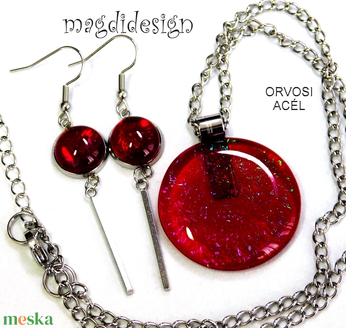 MAXI Galaxis bíbor-pink üvegékszer szett, nyaklánc, lógós fülbevaló - ékszer - ékszerszett - Meska.hu