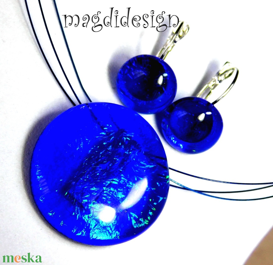 MAXI Galaxis királykék üvegékszer szett, nyaklánc, kapcsos fülbevaló 1 - ékszer - ékszerszett - Meska.hu