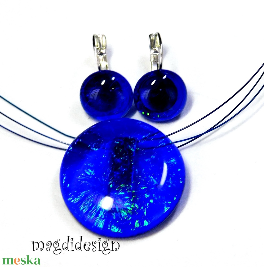 MAXI Galaxis királykék üvegékszer szett, nyaklánc, kapcsos fülbevaló - ékszer - ékszerszett - Meska.hu