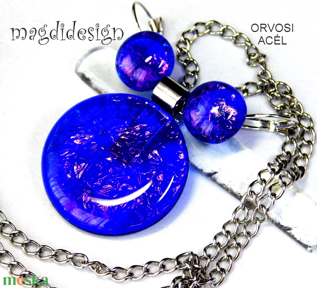 MAXI Galaxis királykék üvegékszer szett, nyaklánc, kapcsos fülbevaló 1 - ékszer - ékszerszett - Meska.hu
