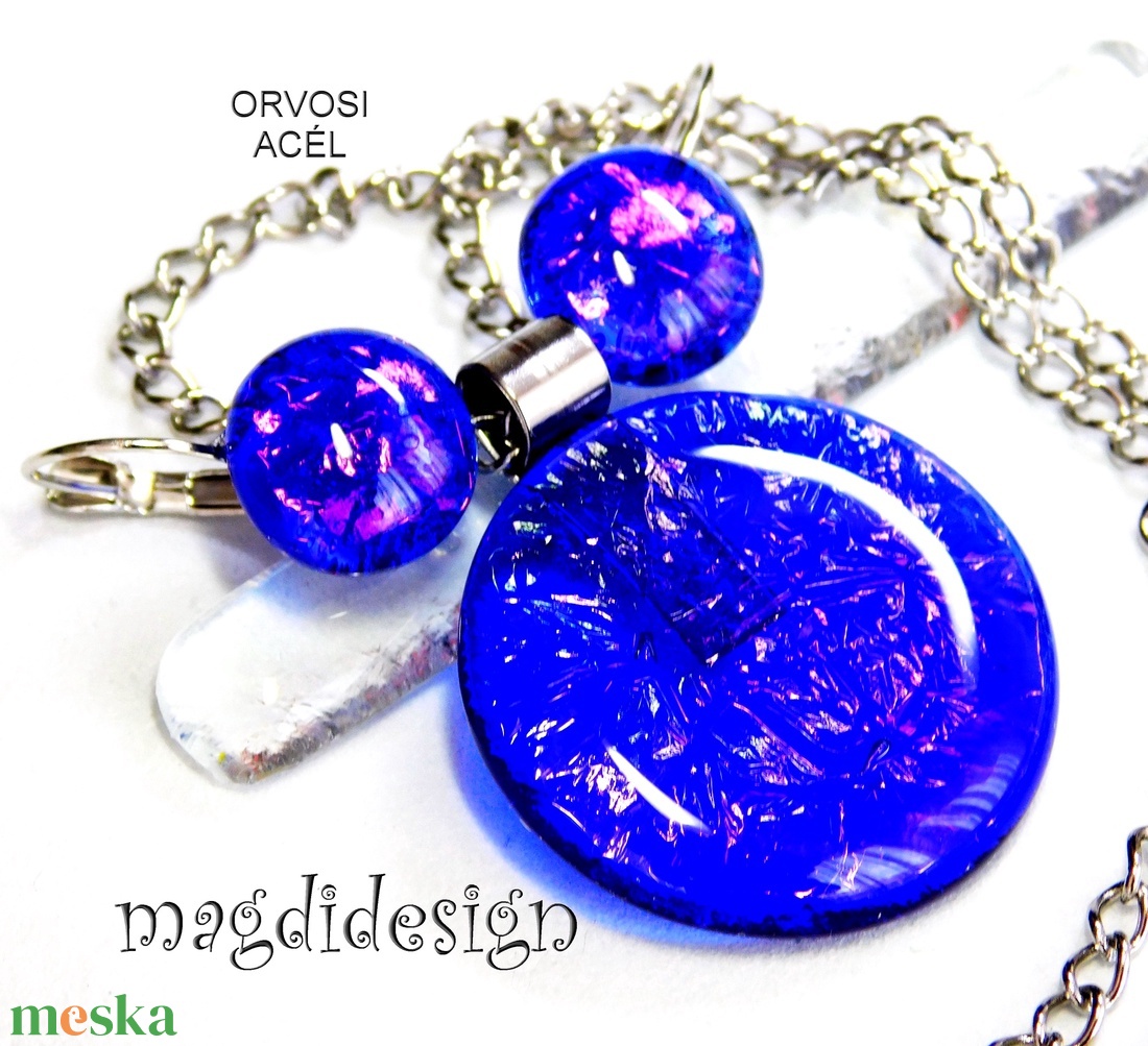 MAXI Galaxis királykék üvegékszer szett, nyaklánc, kapcsos fülbevaló 1 - ékszer - ékszerszett - Meska.hu
