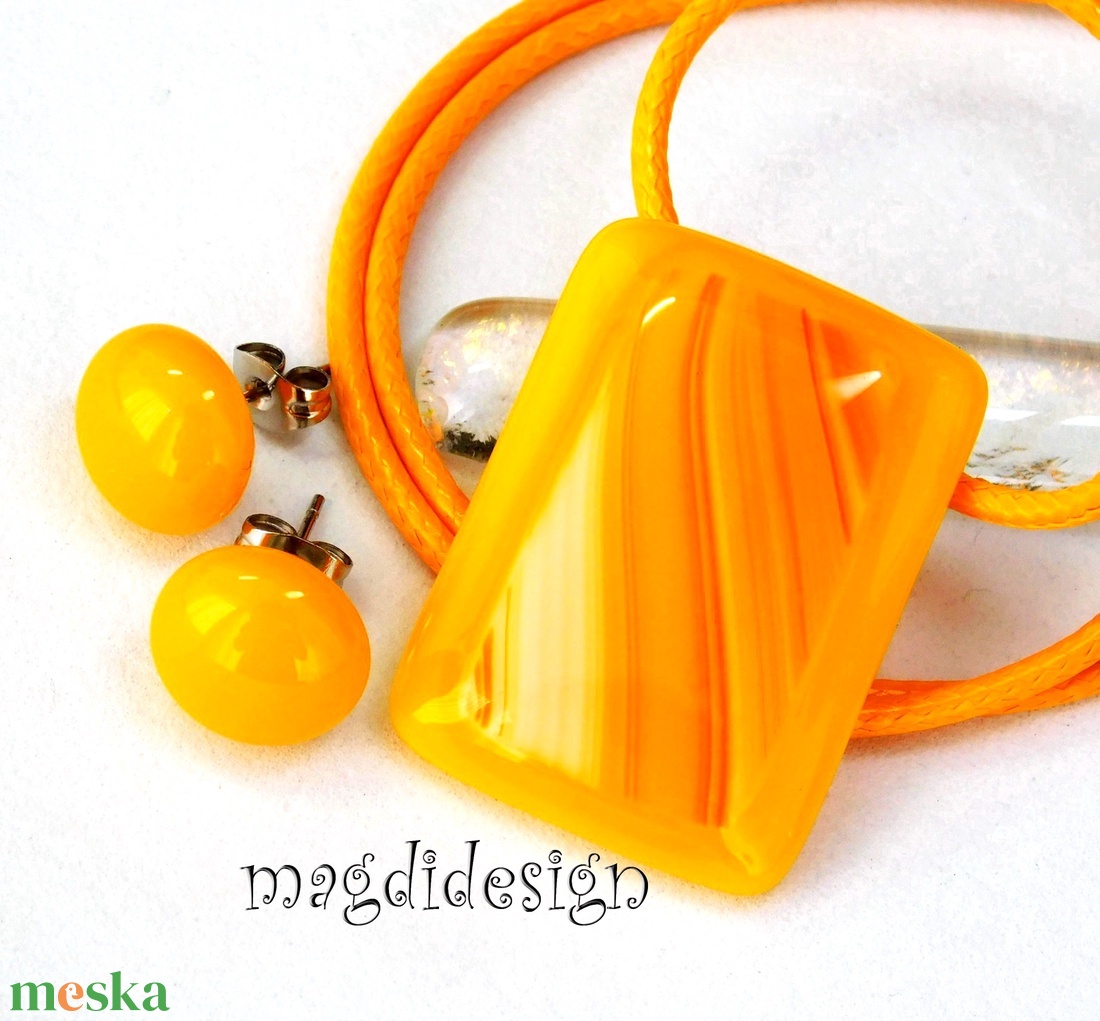 Sárga piros áramlás üvegékszer szett nyaklánc, stiftes fülbevaló - ékszer - ékszerszett - Meska.hu
