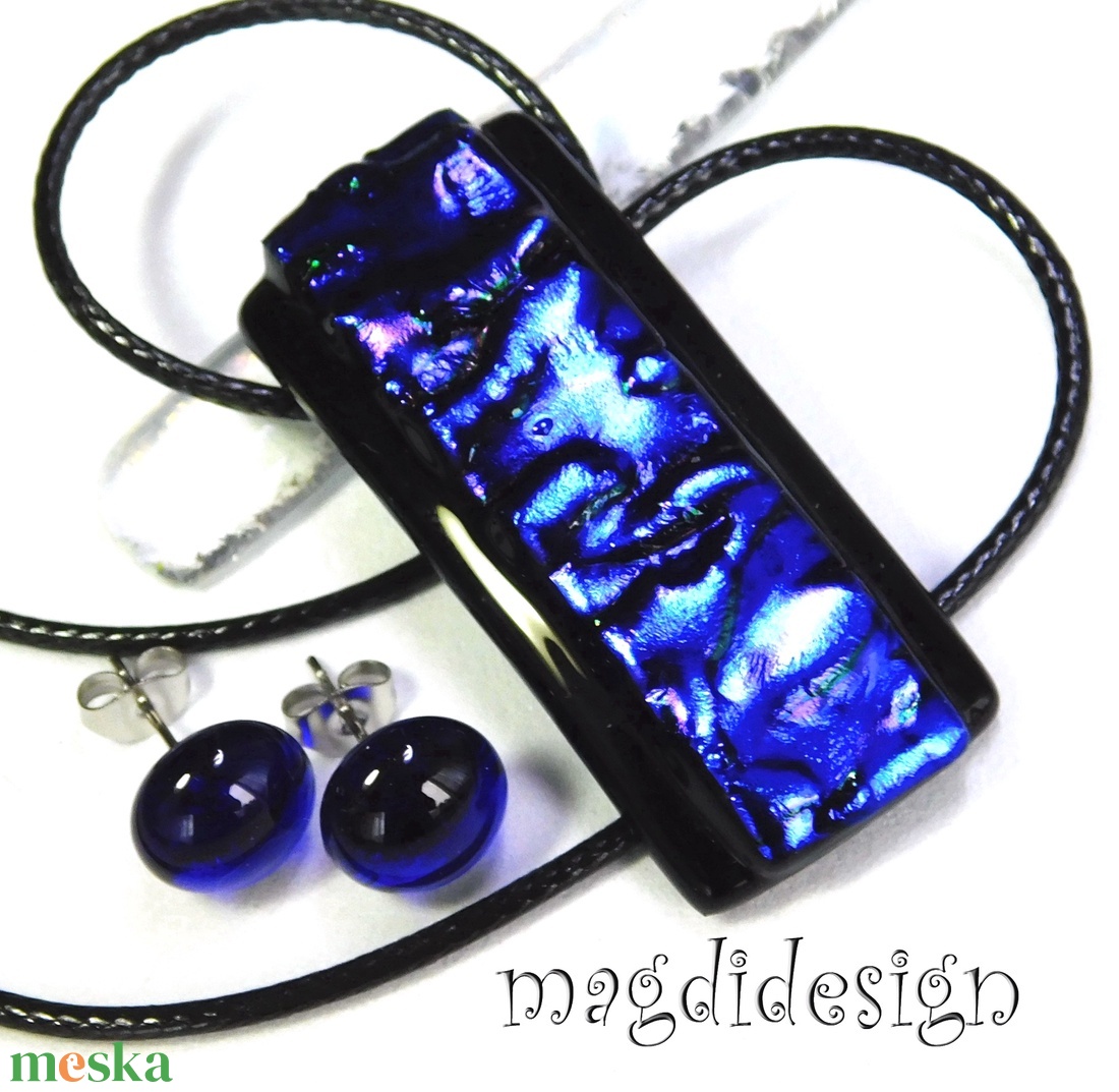 AKCIÓ! Fekete kék  üvegékszer szett, nyaklánc, stiftes fülbevaló - ékszer - ékszerszett - Meska.hu