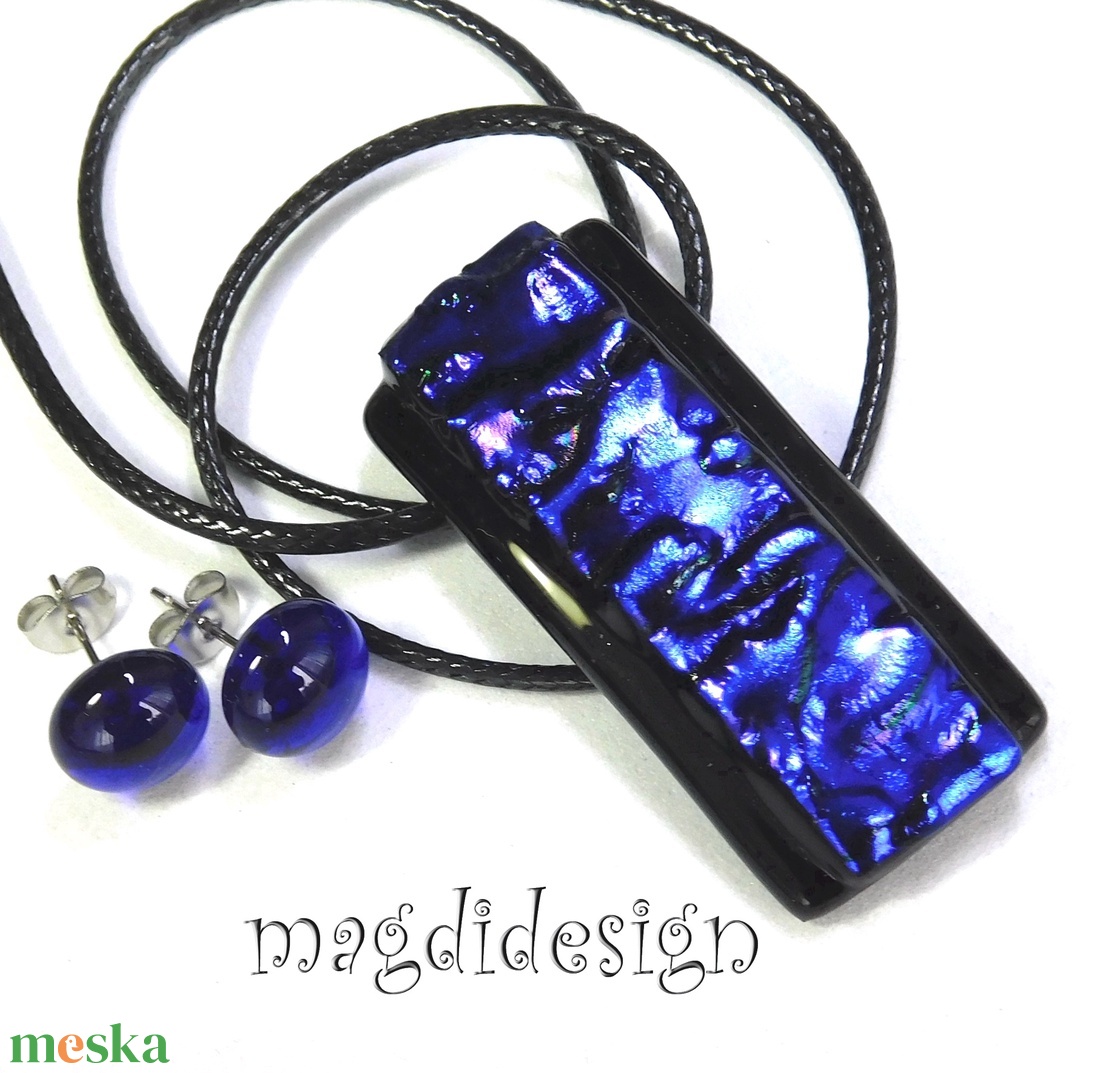 AKCIÓ! Fekete kék  üvegékszer szett, nyaklánc, stiftes fülbevaló - ékszer - ékszerszett - Meska.hu