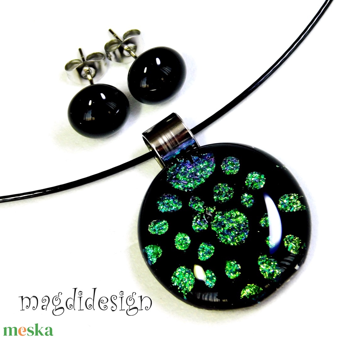 Univerzum türkiz-zöld feketén üvegékszer szett, nyaklánc, stiftes fülbevaló - ékszer - ékszerszett - Meska.hu