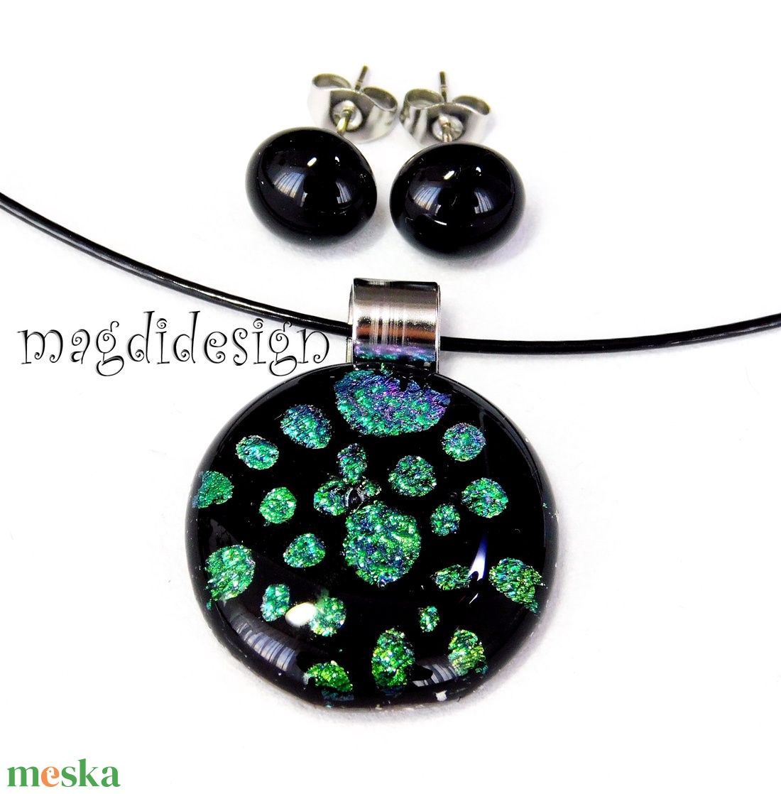 Univerzum türkiz-zöld feketén üvegékszer szett, nyaklánc, stiftes fülbevaló - ékszer - ékszerszett - Meska.hu