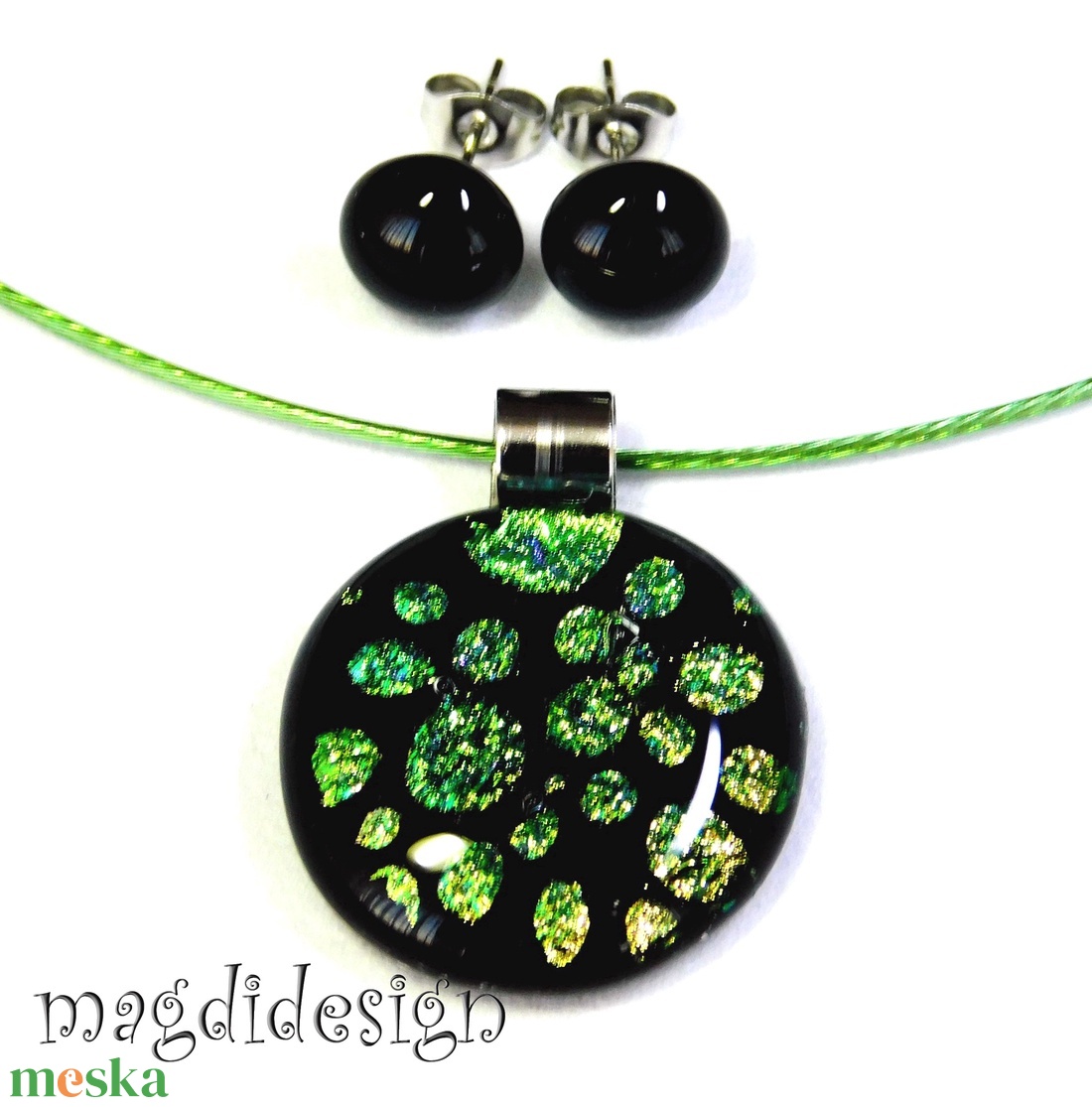 Univerzum arany-zöld feketén üvegékszer szett, nyaklánc, stiftes fülbevaló - ékszer - ékszerszett - Meska.hu