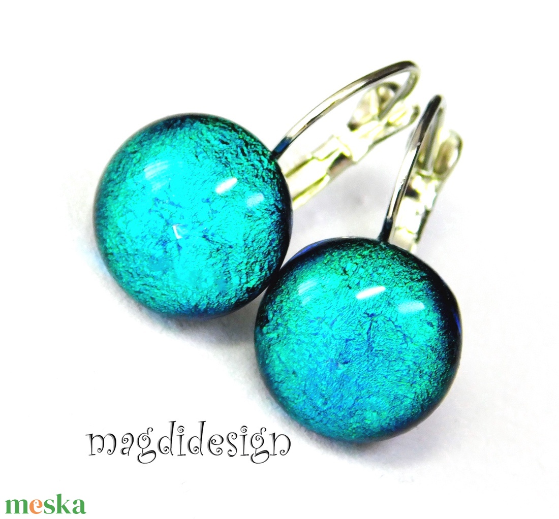 Türkiz selyemporos dichroic üvegékszer kapcsos fülbevaló - ékszer - fülbevaló - lógó fülbevaló - Meska.hu
