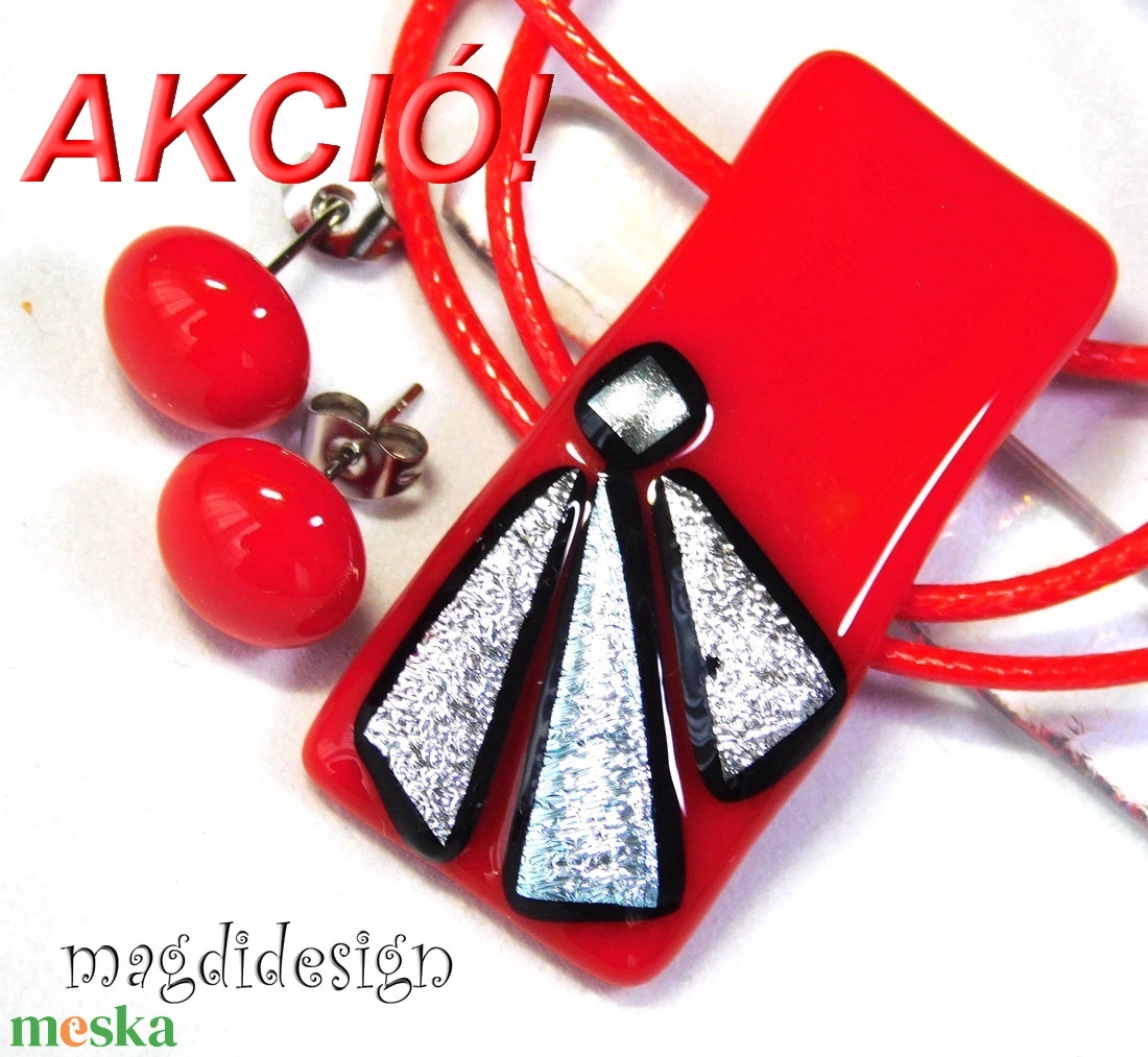 AKCIÓ! Ezüst szögek meggypirosban üvegékszer szett 1 - ékszer - ékszerszett - Meska.hu