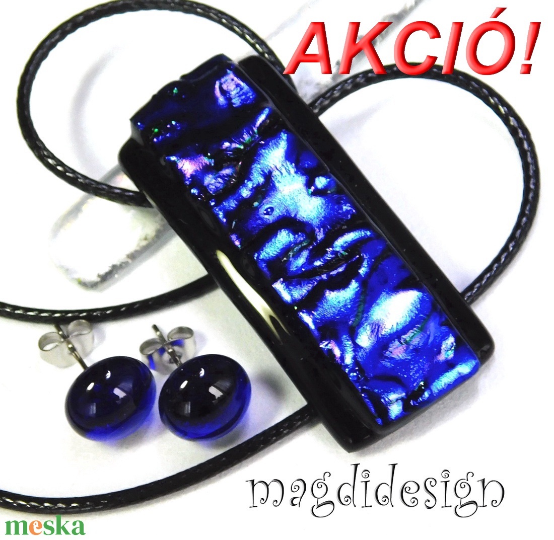 AKCIÓ! Fekete kék  üvegékszer szett, nyaklánc, stiftes fülbevaló - ékszer - ékszerszett - Meska.hu