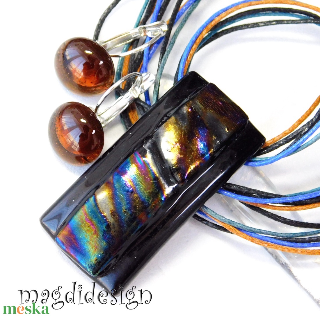 Bronzos hullámzás üvegékszer szett nyaklánc kapcsos fülbevaló - ékszer - ékszerszett - Meska.hu