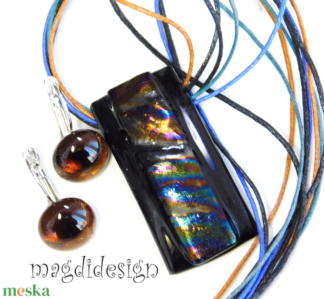 Bronzos hullámzás üvegékszer szett nyaklánc kapcsos fülbevaló - ékszer - ékszerszett - Meska.hu