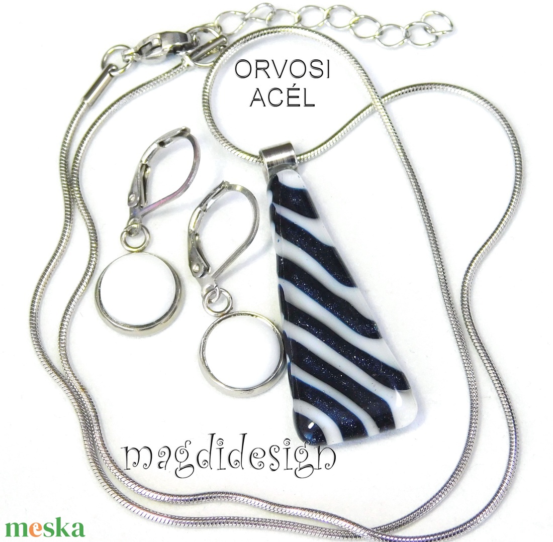 Tengerész csíkos üvegékszer szett, nyaklánc, kapcsos fülbevaló 1 - ékszer - ékszerszett - Meska.hu