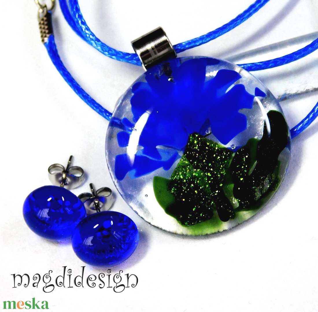 Búzavirág üvegékszer szett, nyaklánc, stiftes fülbevaló   - ékszer - ékszerszett - Meska.hu