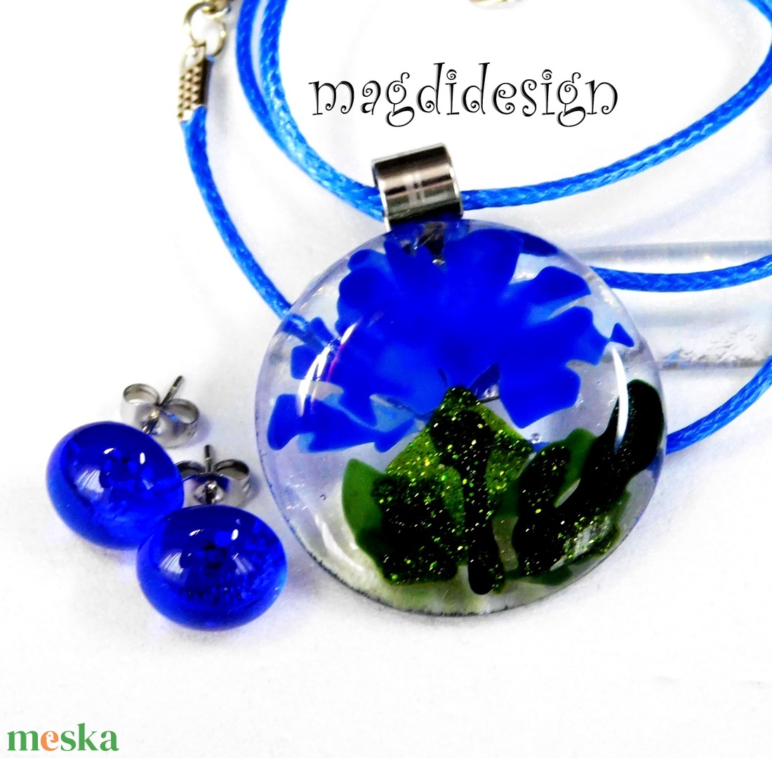 Búzavirág üvegékszer szett, nyaklánc, stiftes fülbevaló   - ékszer - ékszerszett - Meska.hu