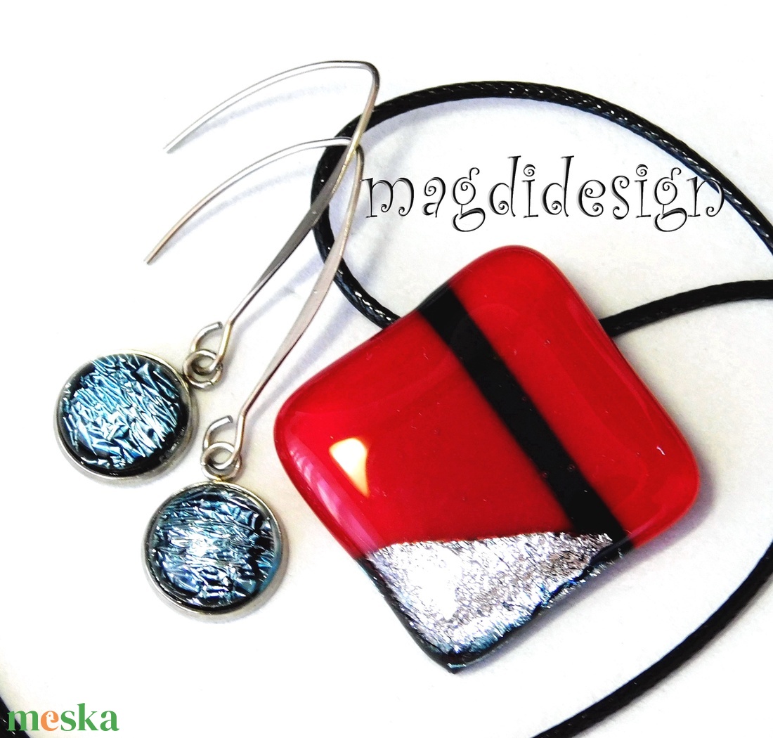 Absztrakt piros-ezüst-fekete üvegékszer szett nyaklánc, lógós fülbevaló - ékszer - ékszerszett - Meska.hu