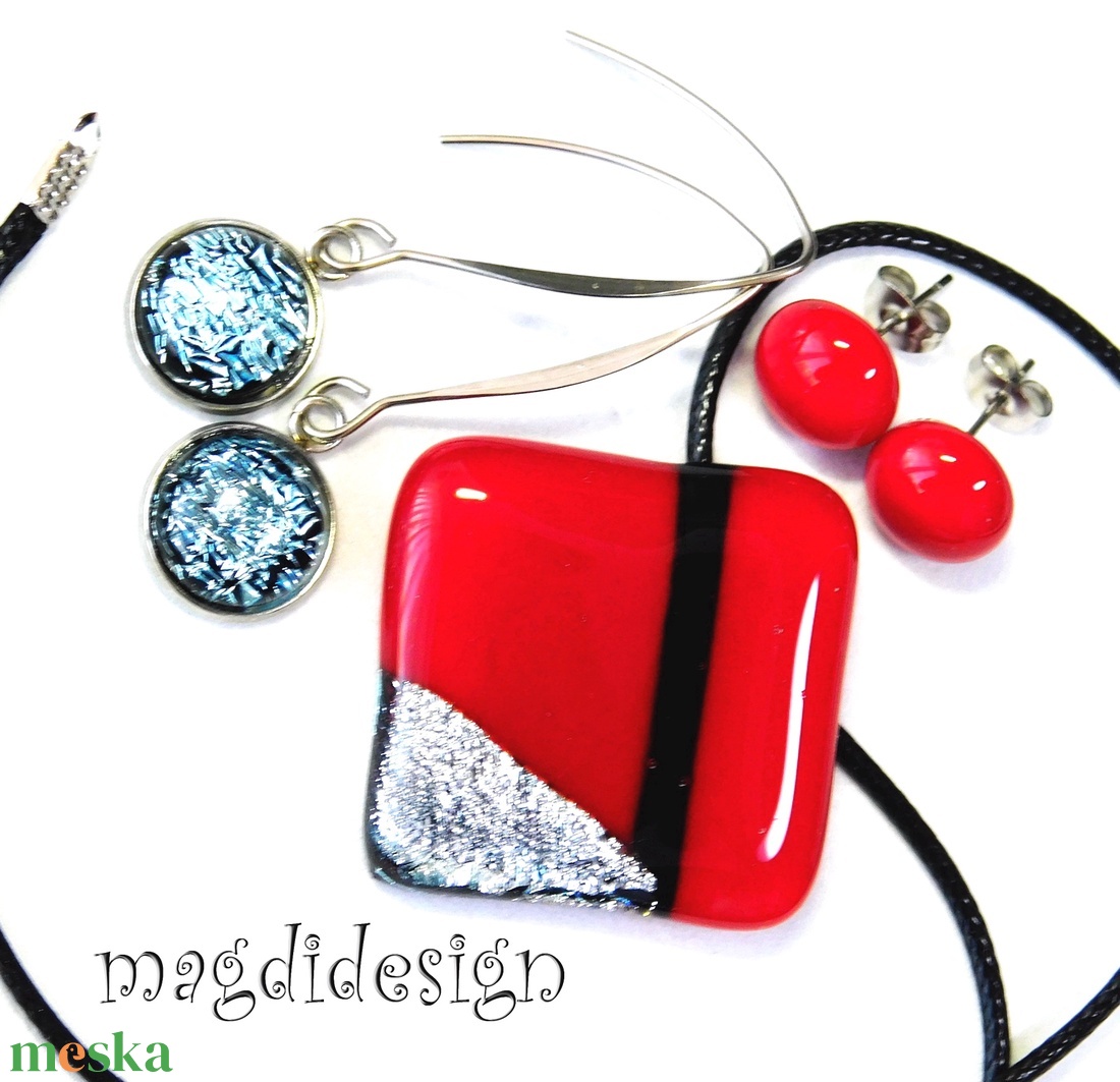 Absztrakt piros-ezüst-fekete üvegékszer szett nyaklánc, lógós fülbevaló - ékszer - ékszerszett - Meska.hu