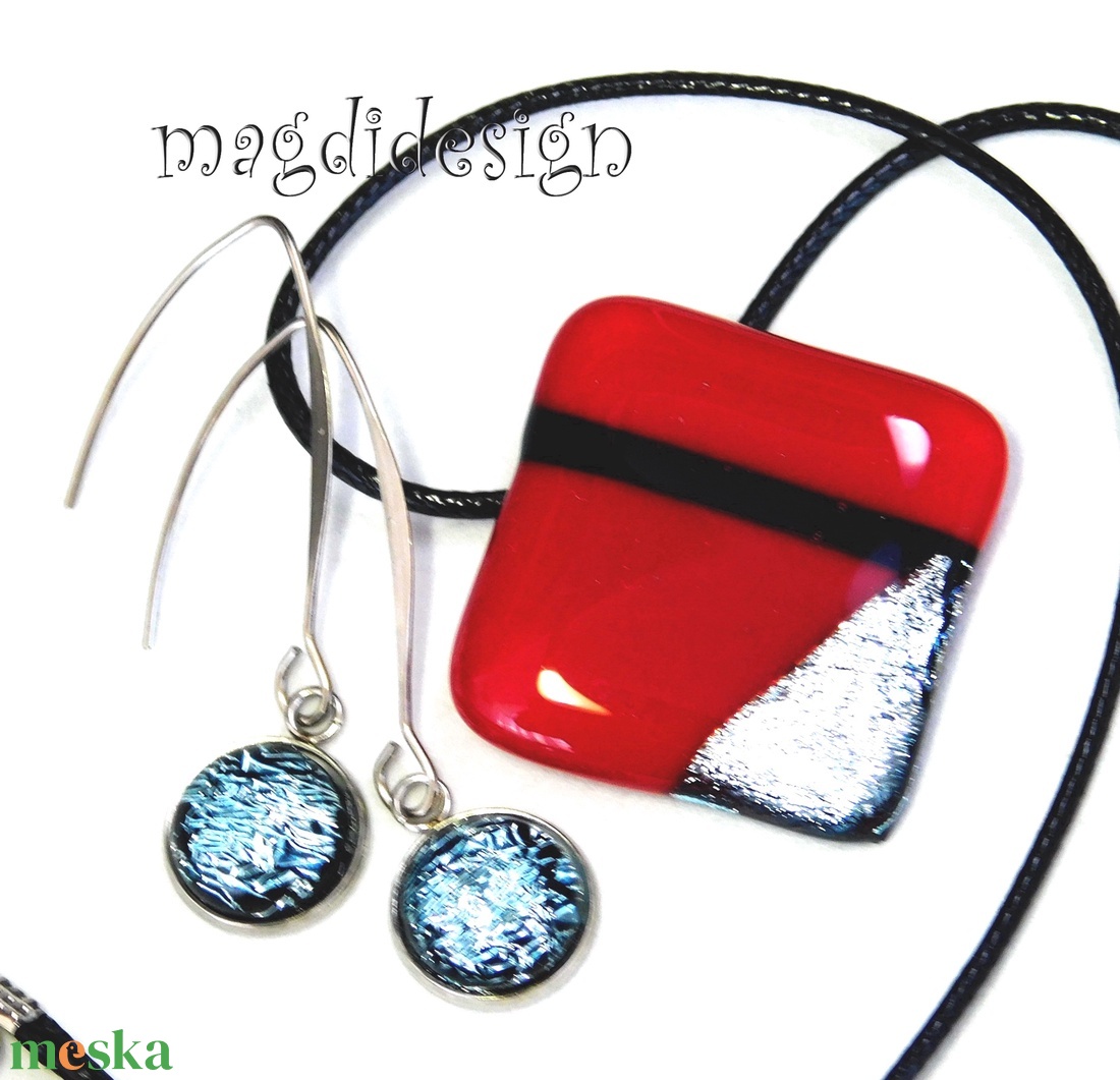 Absztrakt piros-ezüst-fekete üvegékszer szett nyaklánc, lógós fülbevaló - ékszer - ékszerszett - Meska.hu