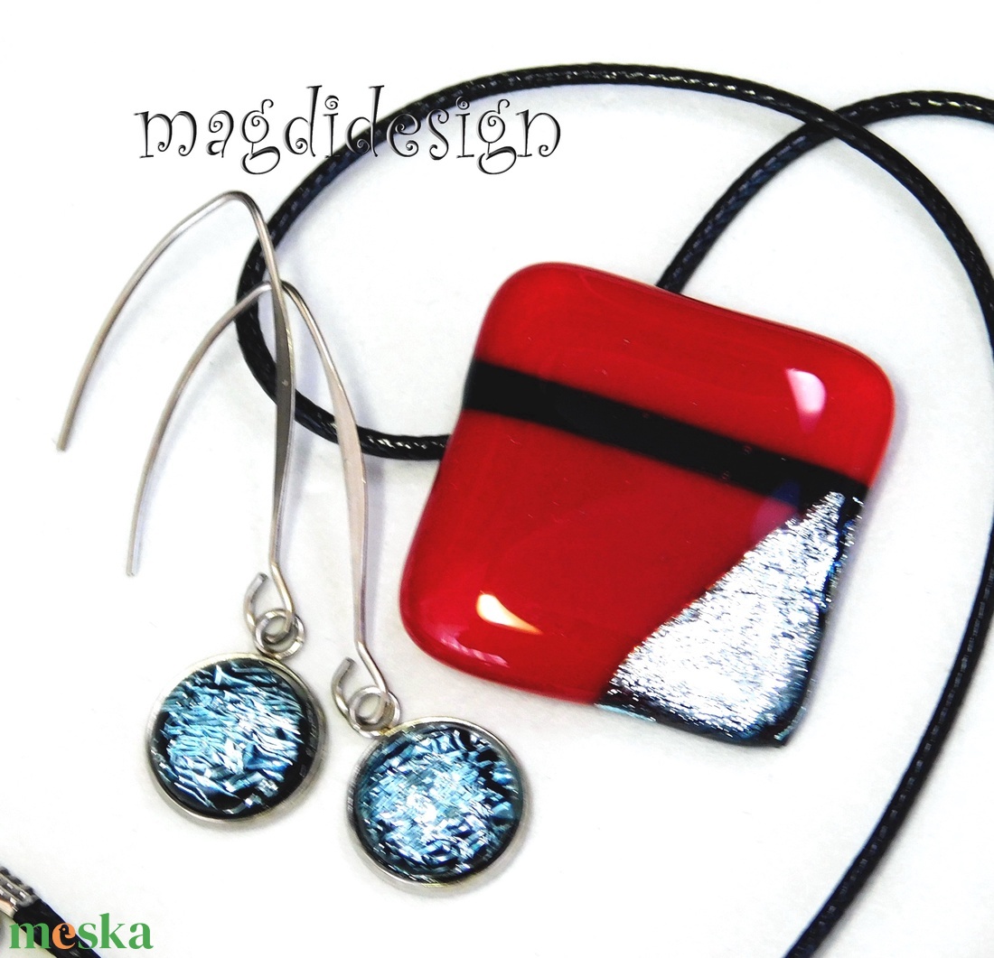 Absztrakt piros-ezüst-fekete üvegékszer szett nyaklánc, lógós fülbevaló - ékszer - ékszerszett - Meska.hu